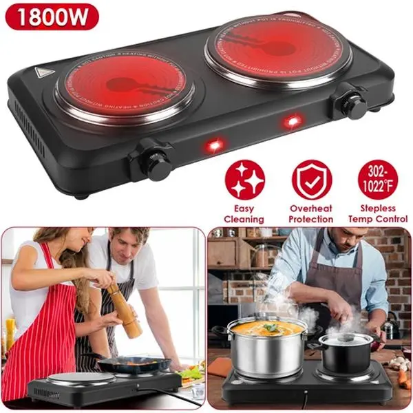 Portable 1800W (1000W+800W) Infrared Cooktop - 110V US Plug Dual Burner, Minimalist Glass Top, Easy-Cleaning Lightweight Iron Shell Electric Hot Plate for Camping, Holiday Houses, Small Apartments-5380, Campers, Corded