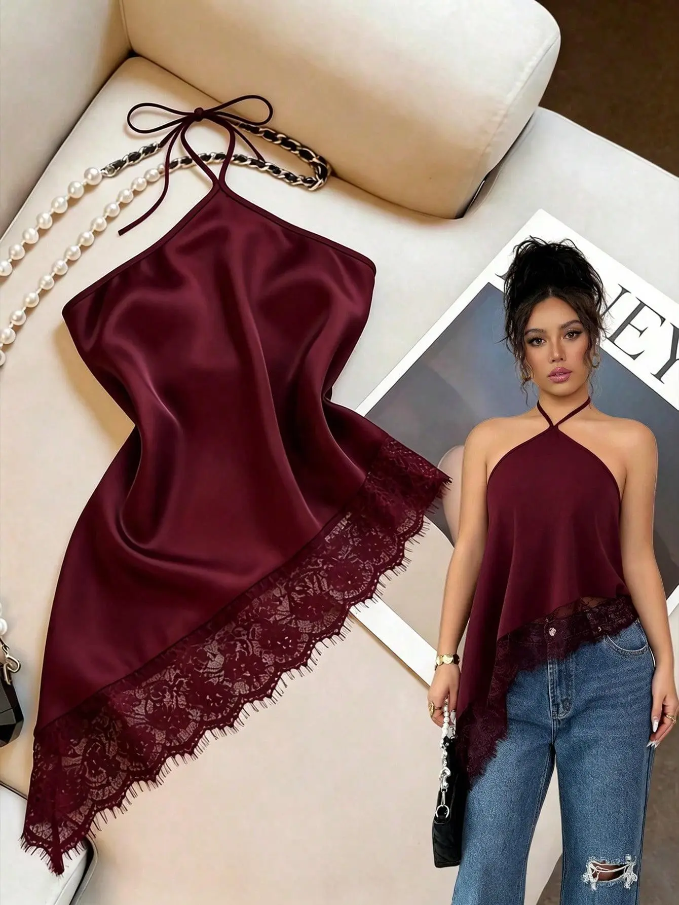 Burgundy,Summer,Elegant,Party Night Women's Camisole,Halter Neck Tie,Asymmetric Hem Lace Trim,Backless Bodycon Top,Sleeveless Blouse,Beach Outfit