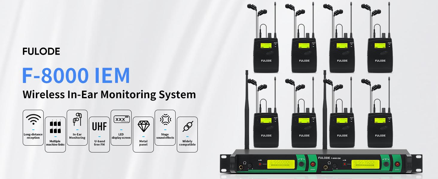 Professional Wireless In Ear Monitor System - 8 Bodypacks UHF IEM for Band, Church & Studio | 330Ft Long Range, 2 Channel 80 Frequencies, Zero Latency Stage Monitoring with Earphones