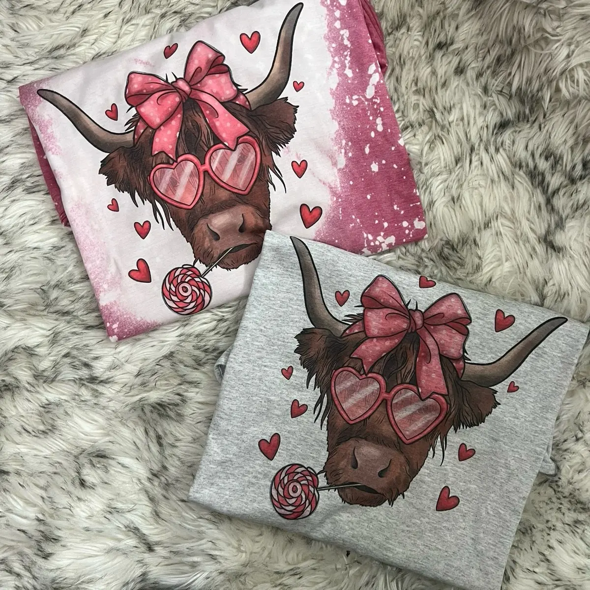 Highland cow Valentine’s Day shirt bleached or unbleached red bleached ash gray unbleached