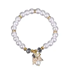 Pearl for Cross Angel Rosary Bracelet Catholic Hand Dress Accessory