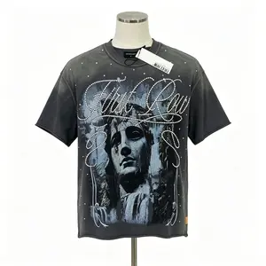 Vintage Washed Rhinestone Cropped T-Shirt Men's Oversized Streetwear Diamond Graphic Cotton Tee Y2K Aesthetic Hip Hop Fashion Crew Neck Short Sleeve Summer Outfit