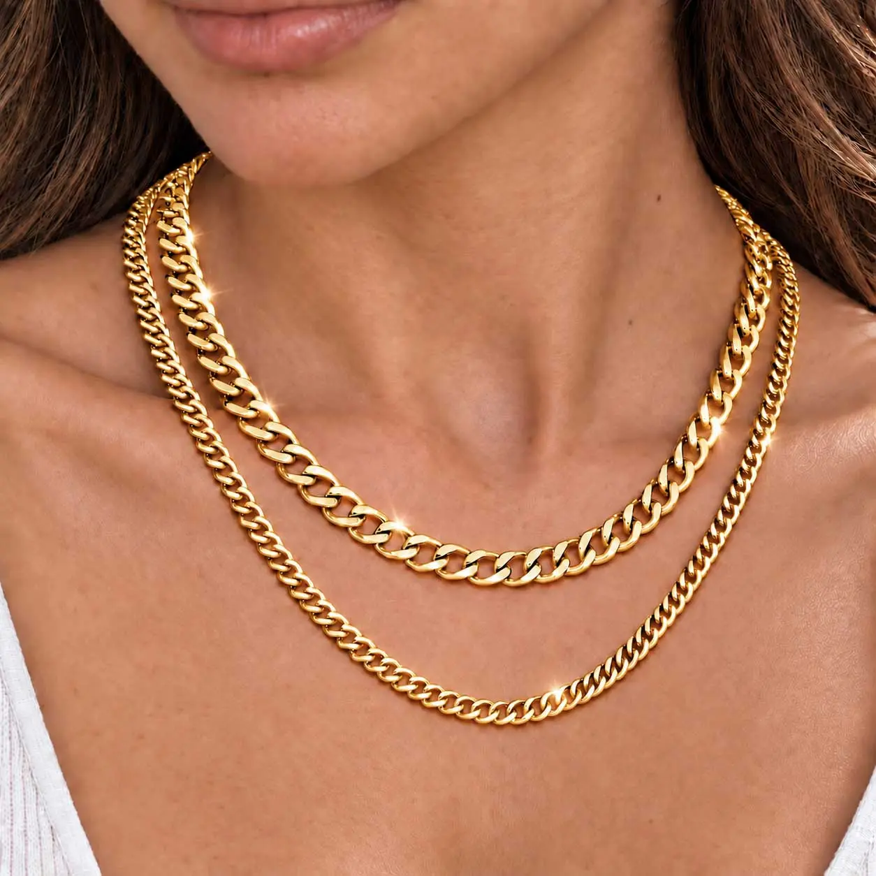Women’s Gold 2-Piece Layered Cuban Link Chain Necklace Set, Chunky Links Stainless Steel Choker with Extender Chain, Female Casual Wear Stackable Statement Fashion Jewelry, Everyday Gift