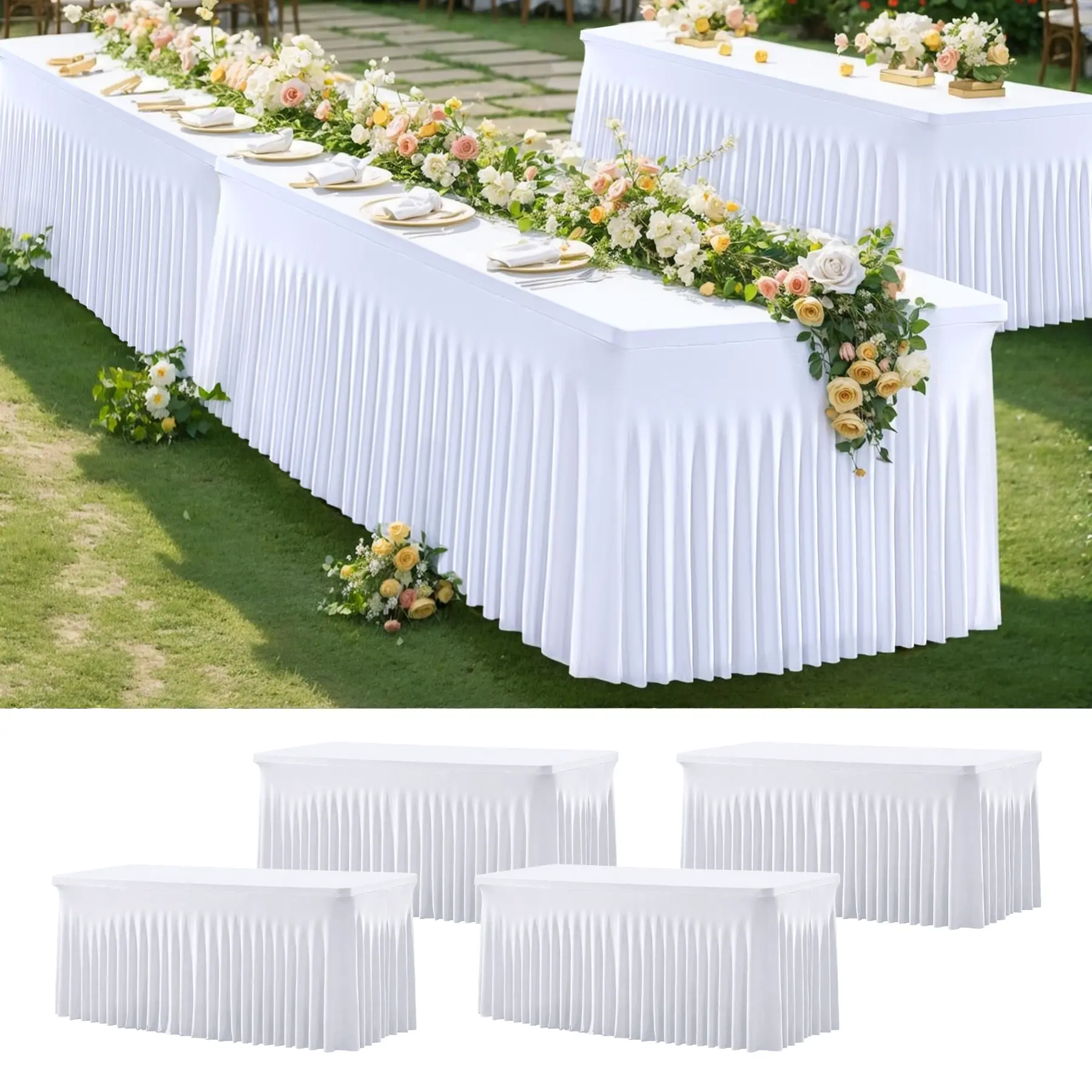 4 Pack Stretchy Polyester Fitted Tablecloth, Washable Elastic Table Cover for 6FT Rectangle & Square Tables, Elegant Decor for Holiday Wedding Party Events