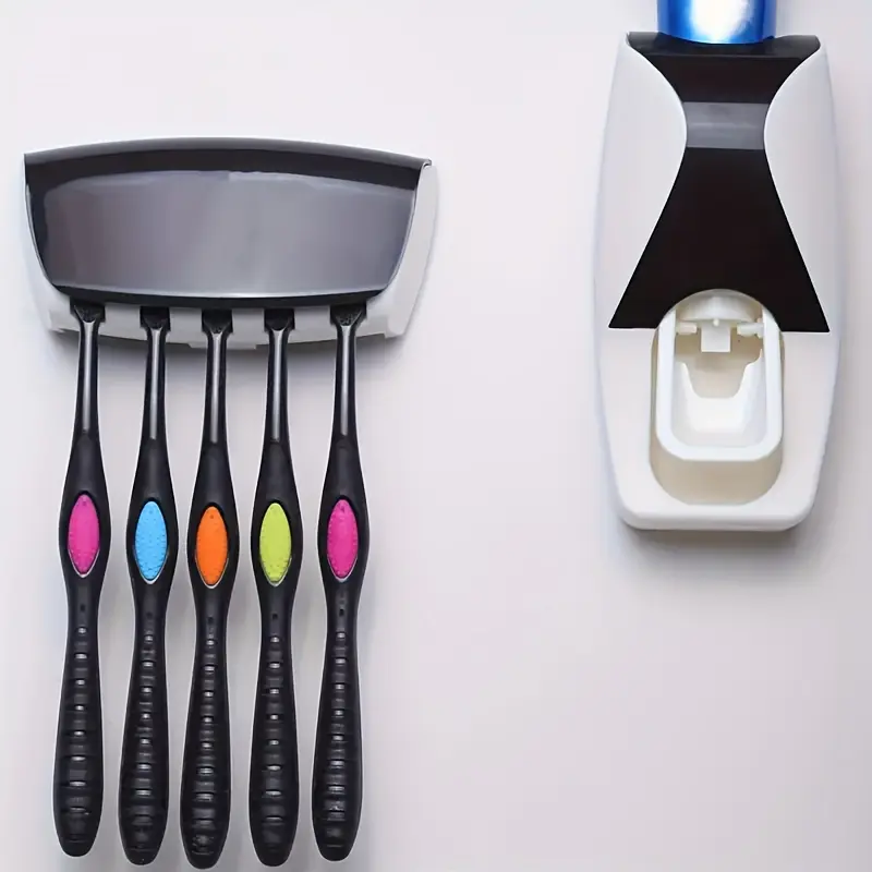 [Wall-Mounted Plastic Toothbrush Holder] Automatic toothpaste squeezing wall-mounted toothbrush holder, can hold 5 toothbrushes, no power required, plastic material, bathroom supplies