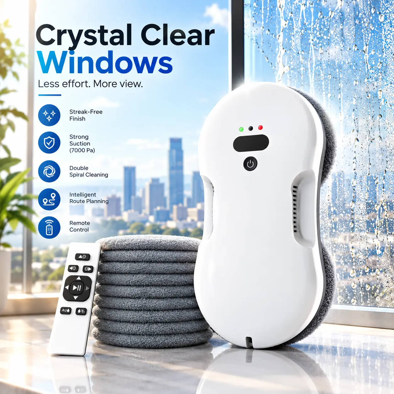 Electric Glass Cleaner Robot - Shower Glass, Window, Mirror Cleaning Tool with Dual Spray, Edge Detection, Intelligent Path Planning, 3000Pa Strong Suction, Anti-Drop Protection