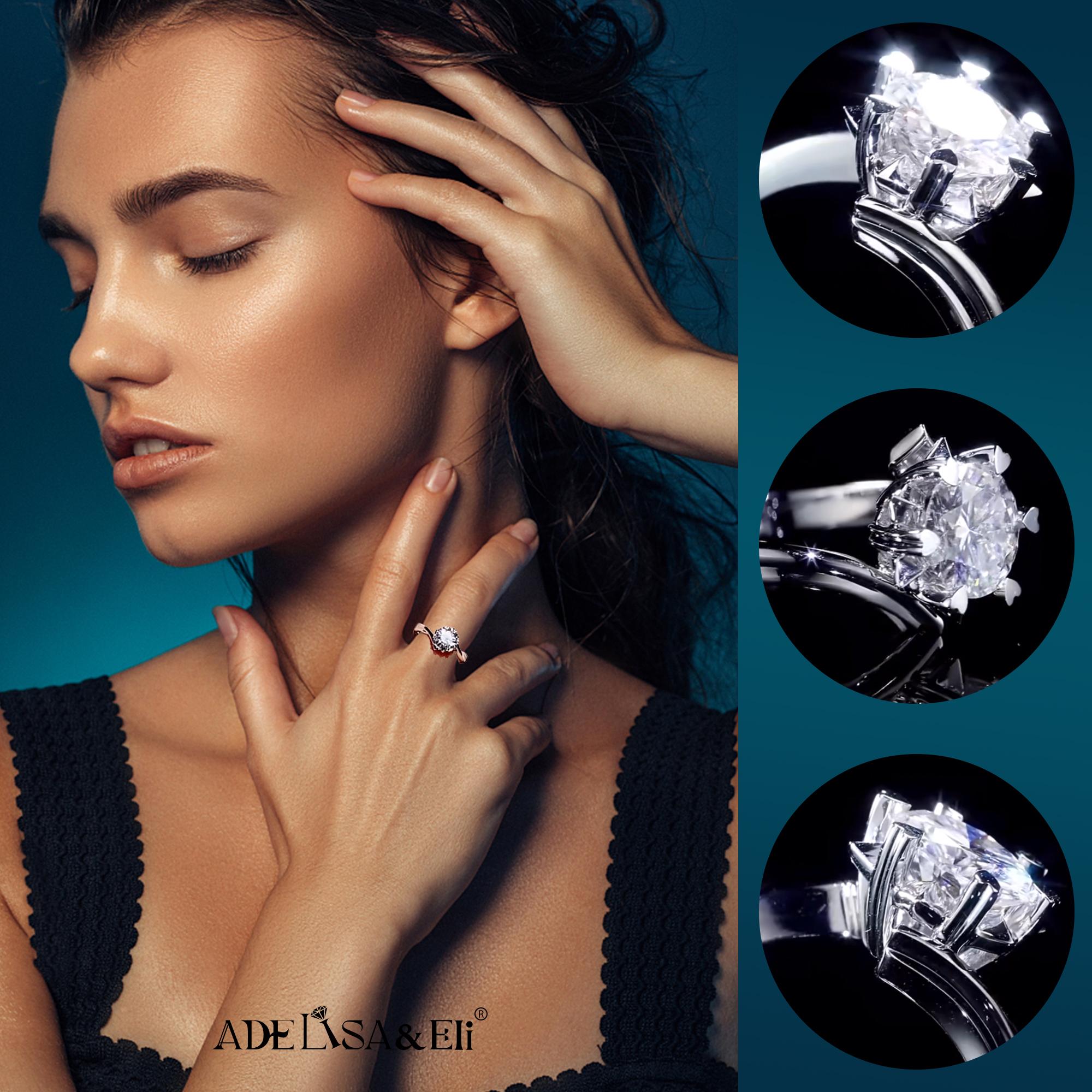 Adelisa&Eli Moissanite Adjustable Ring for Women - 2ct Silver S925 Ring with 6 Claw