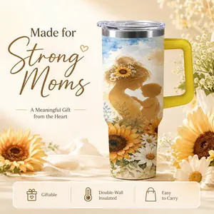 Strong Single Mom Tumbler with Handle, Sunflower Daisy Mom & Child Design, Insulated Stainless Steel Travel Cup with Lid, Meaningful Gift for Mom