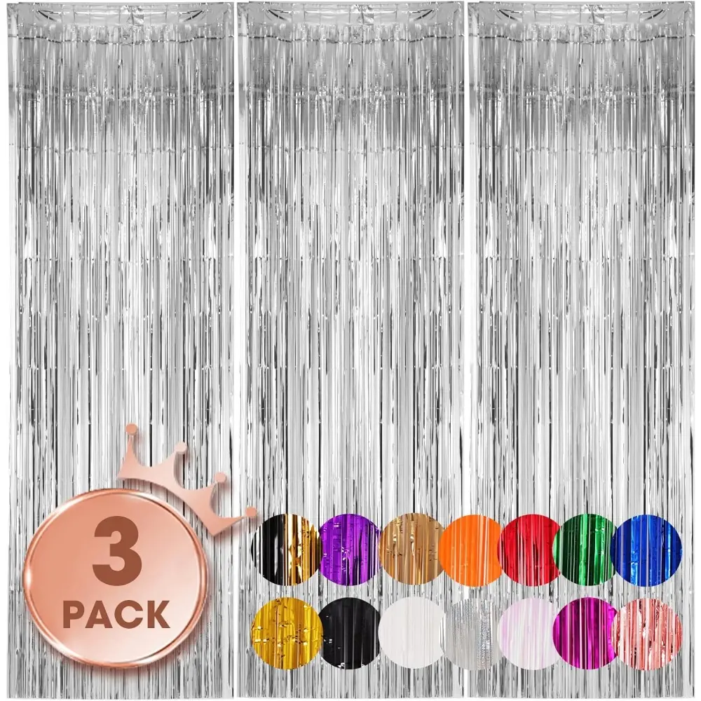 Light Shiny Silver Foil Fringe Backdrop Curtains (3.3x8.2 ft) - Tinsel Streamers, Party Banners for Birthday Party, 2025 New Year's Eve Decorations