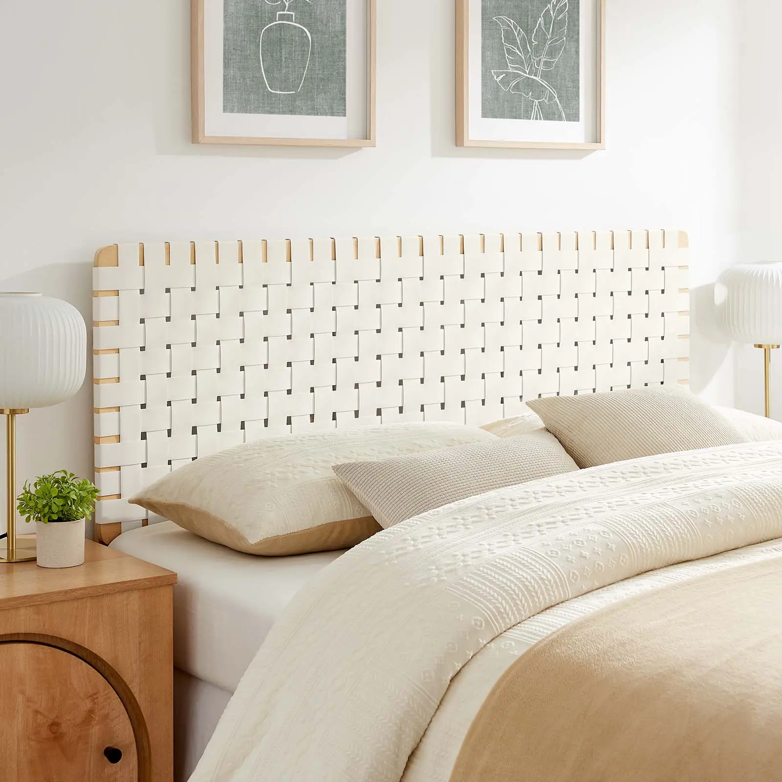 Modway Sparta Weave Queen PU Leather Framed Headboard - Indoor Primary Bedroom Furniture, Tactile Texture, 5 Mounting Positions, Modern Stylish Design, Artistic Flair, Unique Natural Beige Finish