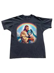 Jesus and Hatsune Miku T-Shirt, Funny Vocaloid Graphic Tee, Anime x Faith Mashup Shirt, Trendy Unisex Streetwear Gift, Unique Crossover Top