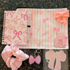 Bow Coquette Makeup Bag With Scrunchie, Freshener, Straw topper, Keychain, Bookmark, Planner and Pen Pink Breast Cancer Awareness Pouch