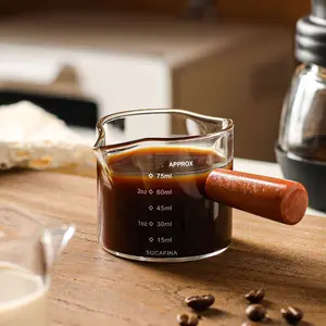 Glass Cup with Wooden Handle, Small Espresso Shot Glass, Dual Spout Measuring Cup, Coffee Liquid Extraction Tool, Coffee Machine Accessory