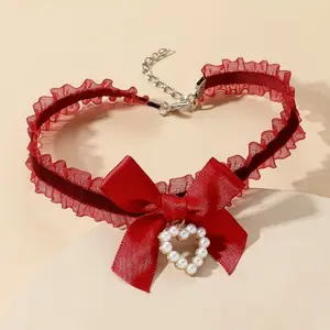 Ruffle Lace Bow Choker Necklace, Pearl Heart Pendant Adjustable Chain Coquette Neck Accessory