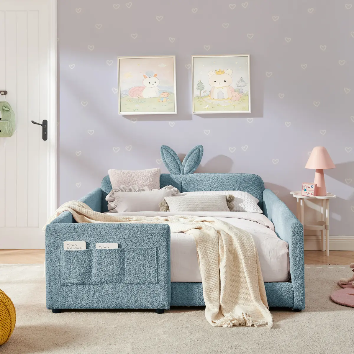 Full Size Upholstered Floor Bed Frame with Cute Rabbit Ear Shaped Headboard and Pocket, for Boys and Girls, Platform Bed with Guardrail and Slats, No Box Spring Required, Easy Assembly