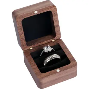 Wooden Ring Box, Engagement Ring Box with 2 Slots, Double Ring Box, Square Wedding Ring Box, Small Ring Holder Box for Wedding, Proposal, Ceremony(Black Inner without window) Organiser