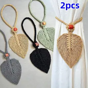 Boho Cotton Curtain Tiebacks, 2pcs Fringe Bead Leaf Design, Modern Simple Style, No Drilling Installation, Decorative Curtain Hooks