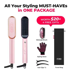 TYMO Ring Pink Hair Straightener Comb & Curling Iron, 5 Temp Settings, Dual Voltage, Fast Heating, 3D Brush Teeth, Anti-scald, Auto-off, Salon Styling Brush, Travel Bag, Best Gift Ideas Hair Flat Iron Hair Crimper Iron