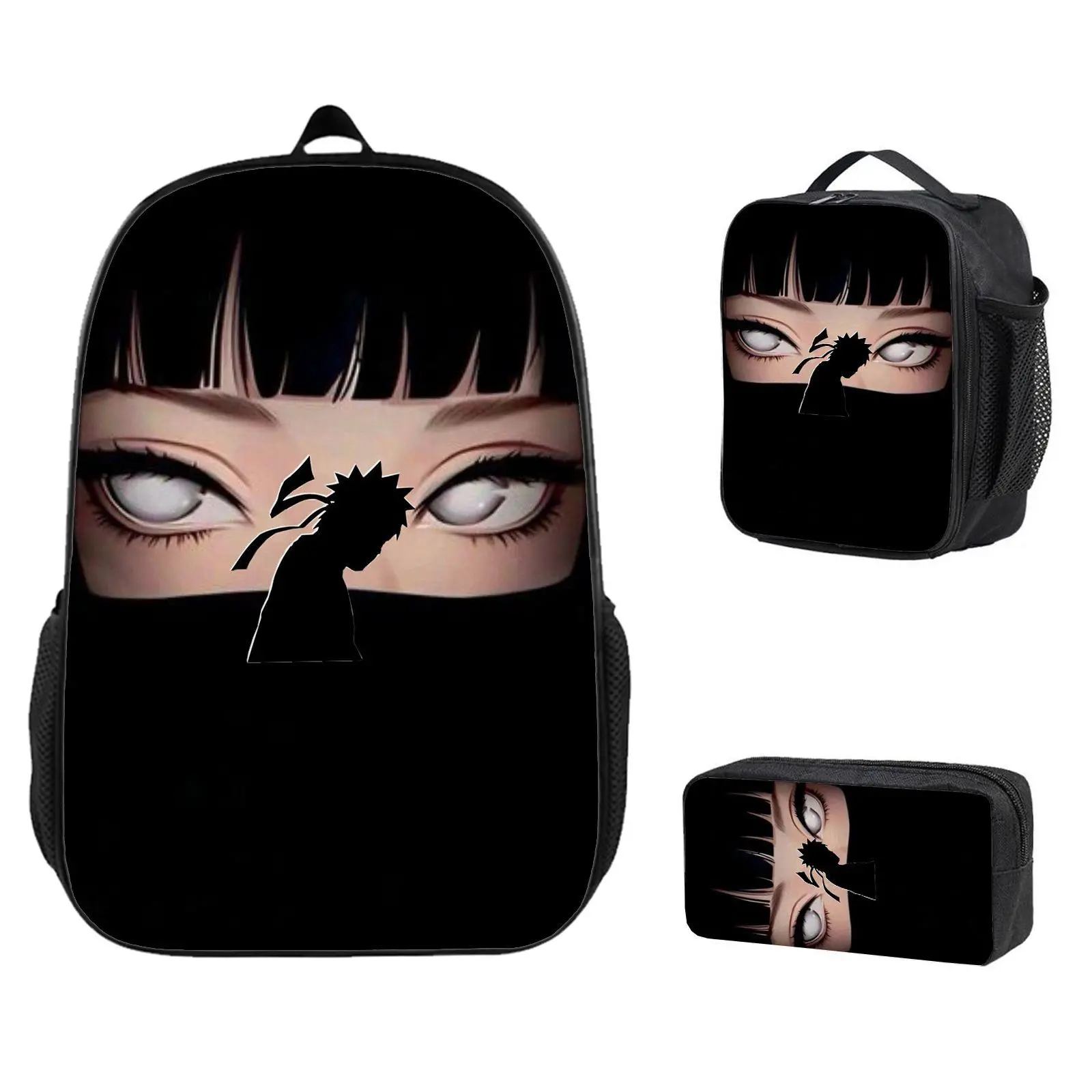 3-Piece Lightweight Casual Backpack Set - Insulated Meal Bag, Pencil Case,Anime Eyes, Ninja Silhouette, Dark Aesthetic PrintAnime gifts, children will definitely love high-quality backpacks