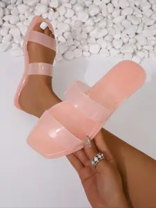 Women's Fashion Jelly Flat Sandals, Lightweight Comfortable Anti-Slip Beach Shoes, Cute Square Toe Slip-Ons, Medium Width PU Upper