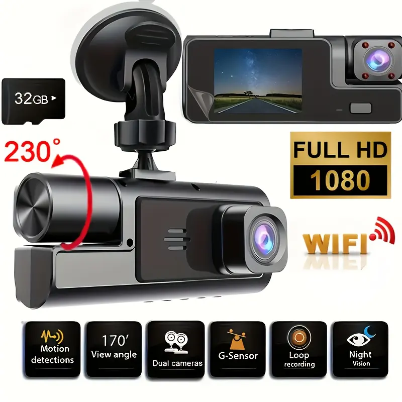 RIMOODY 1080P Dual-Lens Car Dash Cam - IR Night Vision, 170° Wide Angle, Built-In Audio, 32GB Card Included, Loop Recording, G-Sensor, 24-Hour Parking Mode - Vehicle Safety Camera for New Cars, Holiday Gifts fathersdaygift, Dashcam, Car Accessories