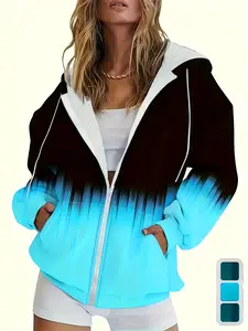 Autumn Blue Gradient Hooded Jacket, Colorblock Zipper Drawstring Casual Loose Fit, Long Sleeves, Slimming Street Style, Women's Fashion Outerwear, Womenswear