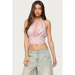 Stripey Metallic Cowl Neck Halter Top