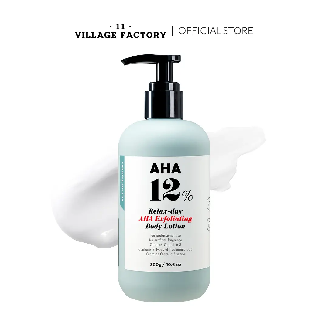 V11FACTORY AHA 12% Glycolic Acid Body Lotion – Korean Exfoliating & Hydrating Body Cream with Hyaluronic Acid & Collagen – Unscented, Paraben-Free Skin Smoothing Moisturizer, 10.6 oz
