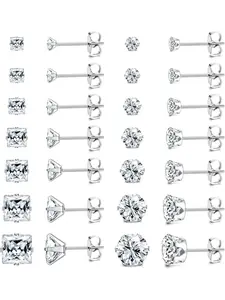 Men's Silver Color Stud Earrings Set, Stainless Steel Hypoallergenic Jewelry, Small Brilliant Design with Multiple Zirconia Stones Ear Studs