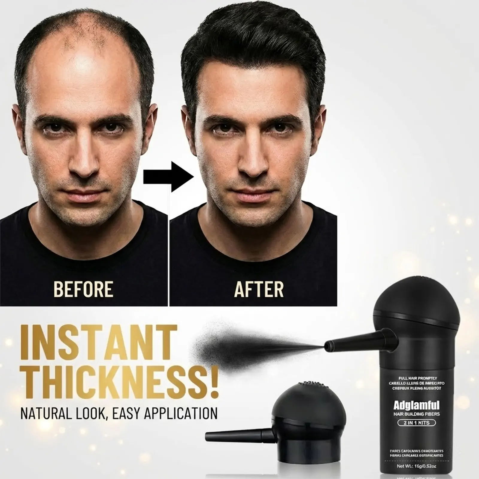 Adglamful Hair Fiber Booster Physically covers thinning areas with precision Even, controlled application One click dispensing Effortless to use