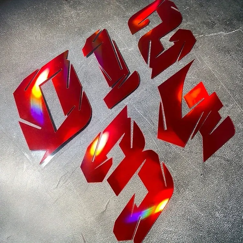 1PC Red Laser Effect Number Stickers, Wing Fender Decals, Waterproof Self-adhesive Vinyl Decals, Suitable for Motorcycle Trunk Decoration, Front Windshield, Side Panel, Smooth Surfaces, Perfect for Christmas and Halloween Gifts