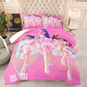 Hot Pink K-Pop Stage Outfit Comforter Set, Soft Breathable Anime Idol Bedding, Printed Bedding Set, 1 Quilt + 1/2 Pillowcases, All-Season Neon Girl Group Quilt for Girls Bedroom, College Dorm & Apartment Decor