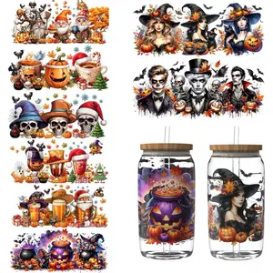 UV DTF Cup Wraps for 16 oz - 12 Sheet Fun Ghost UV DTF Transfer Stickers, Halloween Cup Wraps for Glass, Pumpkin Waterproof Transfer Decals, Witch Ghost Festival DIY Crafts
