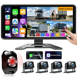 ConewVehicle Truck Backup Camera System with Carplay Android Auto,10.36" Quad Split Touch Screen Monitor with MirrorLink Voice Control Navigation ,1080P 4 AHD Rear View Camera,DVR Loop Recording,Night Vision Waterproof for RV Trailer Camper Semi-Truck