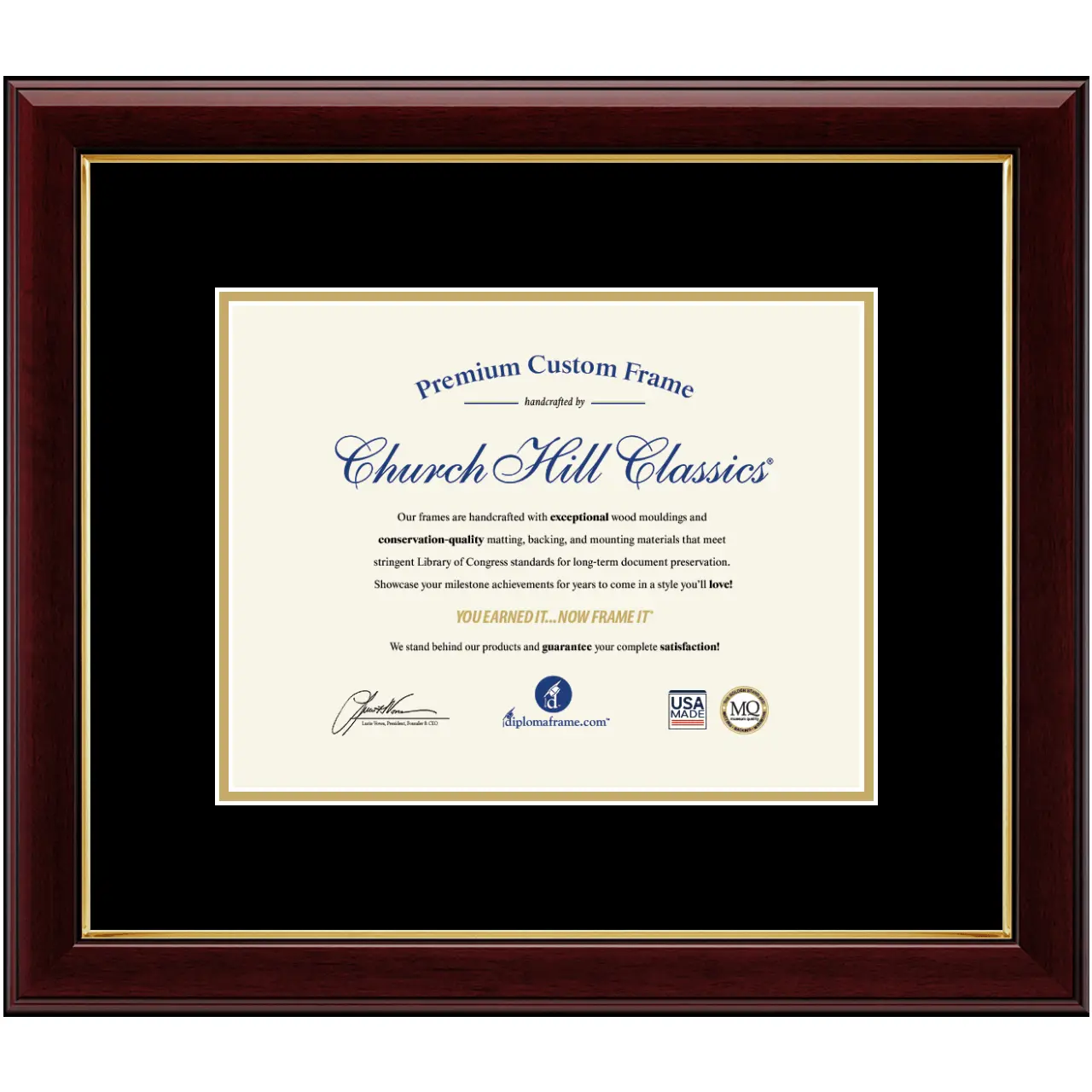 Church Hill Classics Premium Custom Diploma Frame - 8.5 x 11 - Cherry Lacquer Gold Lip Handcrafted in USA with Level-Lock Hanging System