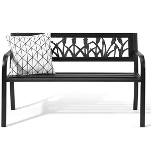 Tulip Backrest Garden Bench 49 Inch Black Iron Outdoor Park Chair with PVC Seat 555LBS Capacity Patio Seating Durable Construction Weather Resistant Finish
