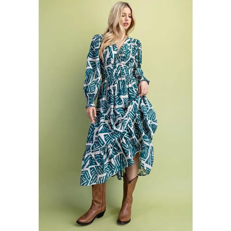 Teal Printed Smocked Midi Dress - TikTok Shop