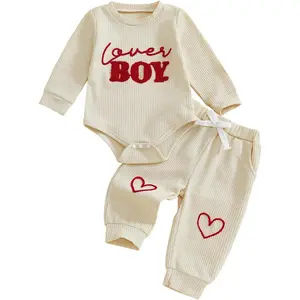 Karuedoo Newborn Infant Baby Boy Valentines Day Outfit Lover Boy Embroidery Long Sleeve Waffle Romper and Long Pants Set