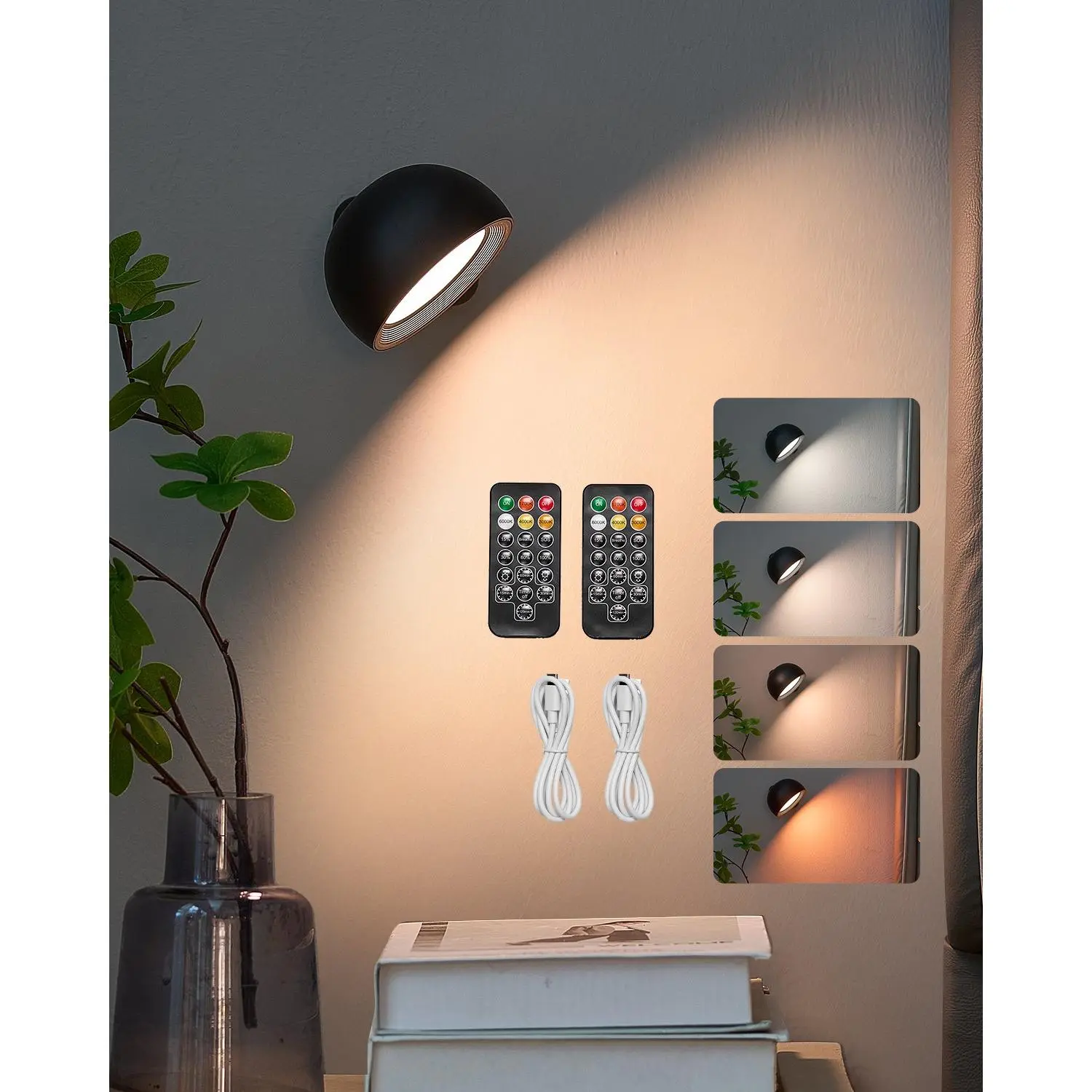2PCS Rechargeable Battery-Operated LED Wall Sconces, Remote-Controlled 360° Rotatable Dimmable Wireless Lights with Adjustable Color Temps, Brightness & 4-Level Timer