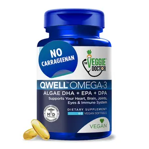 QWELL™ Vegan Omega-3 Algae Oil Capsules - High-Potency DHA EPA DPA for Heart Brain Joint Eye Health - Plant-Based Supplement Without Fishy Aftertaste - 60 Vegan Softgels - Healthcare, Vitamin
