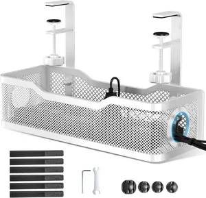 Management Under Desk Tray, No Drill  Management Box with Clamp for Wire Organization, Cord Organizer for Office,  - No  to Desk (White)