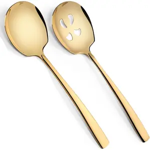 Large Serving Spoons Set Stainless Steel 12 Inch Slotted Spoon and Serving Spoon Serving Utensils for Buffet Catering Dishwasher Safe(1 Spoons, 1 Slotted,Gold)