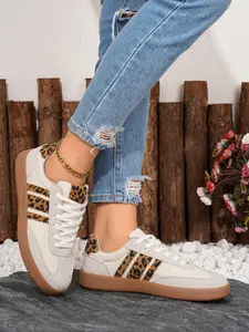 Women's Beige Lace - up Sneakers with Leopard Print Details, Breathable Textile Upper, Retro - inspired Design, Ideal for Daily Walking, City Commuting, and Casual Occasions, Comfortable Ladies' Casual Walking Commute Sneakers