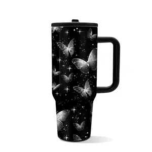1pc 40oz Black Butterfly Tumbler with Handle & Straw, Aesthetic Water Bottle for Women, Cute Gift for Her, Perfect for Birthday, Valentine’s Day, Mother’s Day, Keeps Hot 12H Cold 24H, Leakproof Travel Mug, #ButterflyAesthetic #ForYou #GiftIdeas