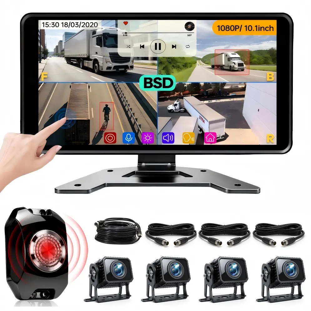 ConewVehicle Wired Backup Camera System 10.1" Quad Split Touchscreen Monitor 4 1080P Rear Side View AHD Cameras MP5 Player BSD System DVR Recorder IP69 Waterproof Night Vision for RV/Truck/Bus/Trailer/Camper/Van