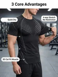 Men's Geometric Fitness T-Shirt, Sporty Style, High Elasticity, Quick-Dry, Breathable Fabric, Slim Fit, Ideal for Gym Training, Quick Dry Activewear