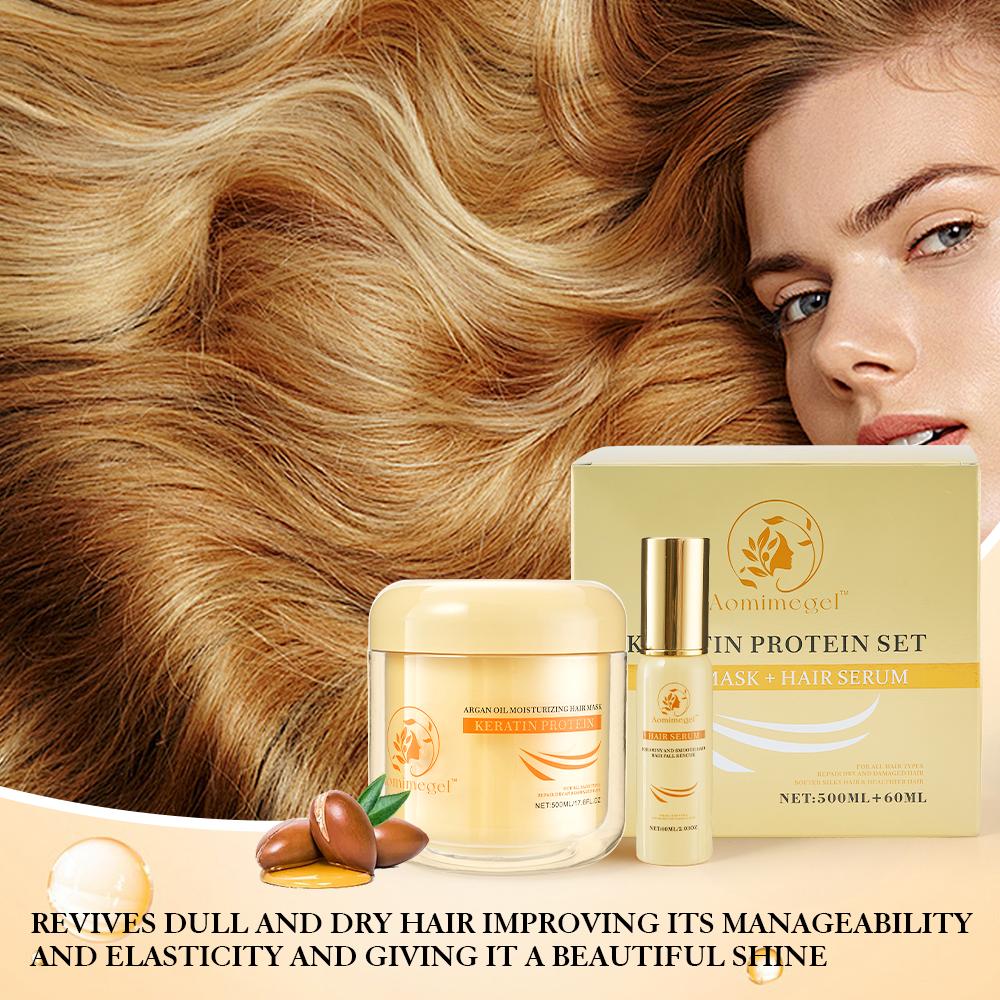 Aomimegel Collagen Hair Mask & Argan Oil Set, Deep Repair Treatment for Dry Damaged Hair, Hydrating & Strengthening with Collagen, Smooth & Shine Care, 500ml + 60