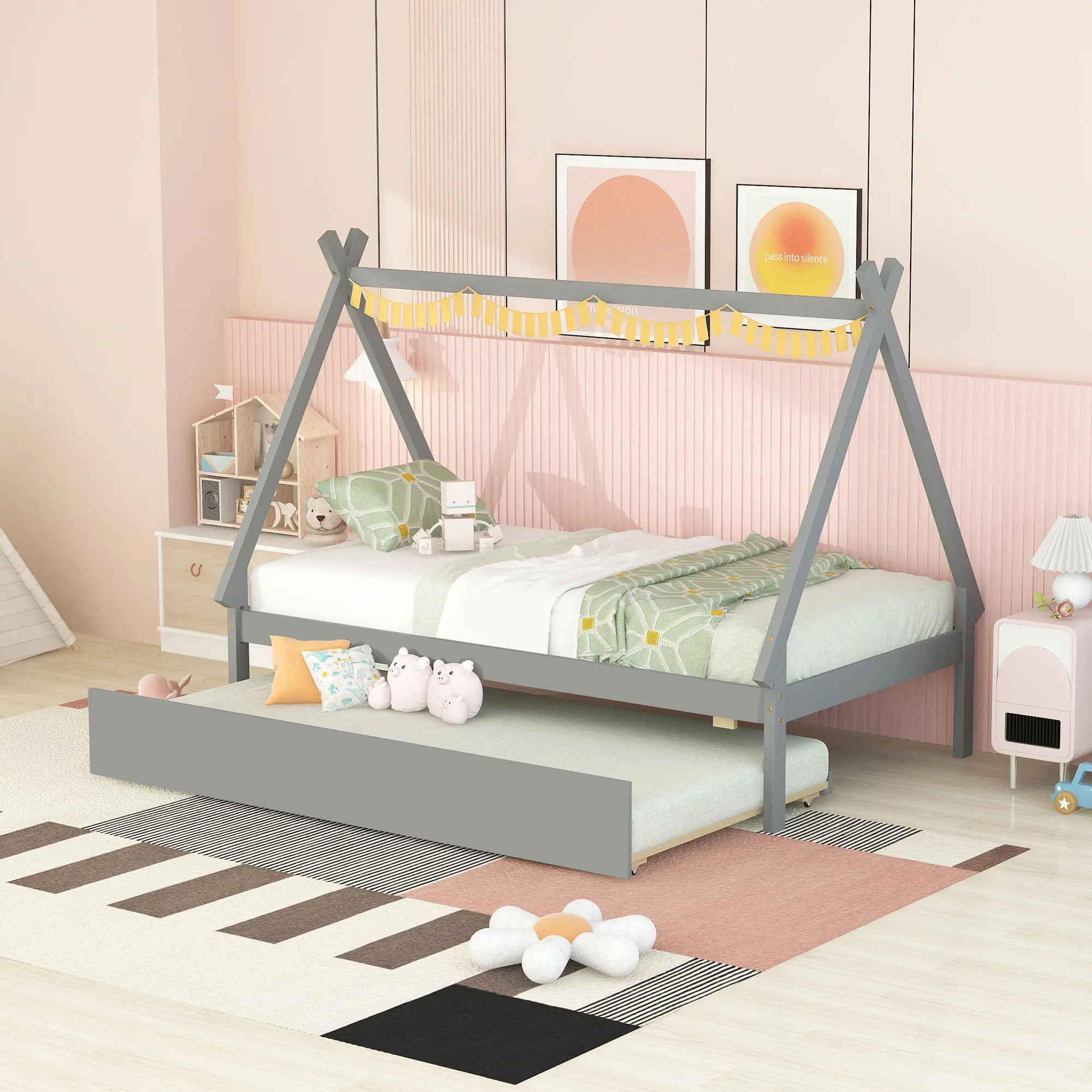 Twin size Tent Floor Bed, Teepee Bed, with Trundle,Quality and Safety Guaranteed，Grey，white，Natural