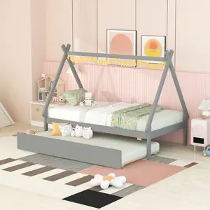 Twin size Tent Floor Bed, Teepee Bed, with Trundle,Quality and Safety Guaranteed，Grey，white，Natural
