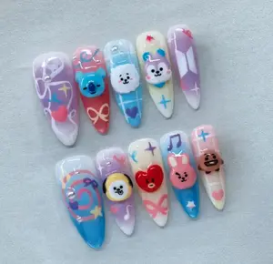 Handmade BT21 BTS Character Press-On Nails, Cute Kpop Nails Featuring RJ, Chimmy, Tata, Cooky, Shooky, Koya, Mang